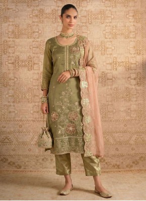 Stylish Silk Green Embroidered Pant Style Suit