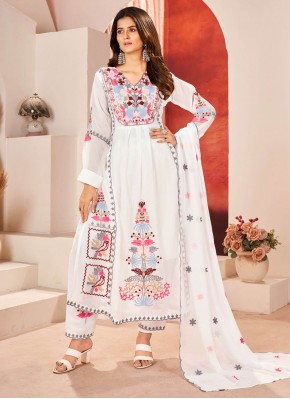 Stylish White Embroidered Faux Georgette Salwar Kameez