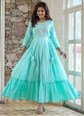 Suave Aqua Blue Embroidered Trendy Gown