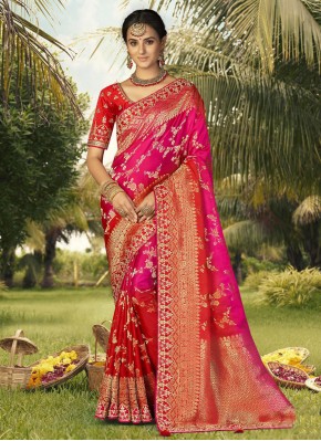 Subtle Weaving Pink and Red Silk Trendy Saree