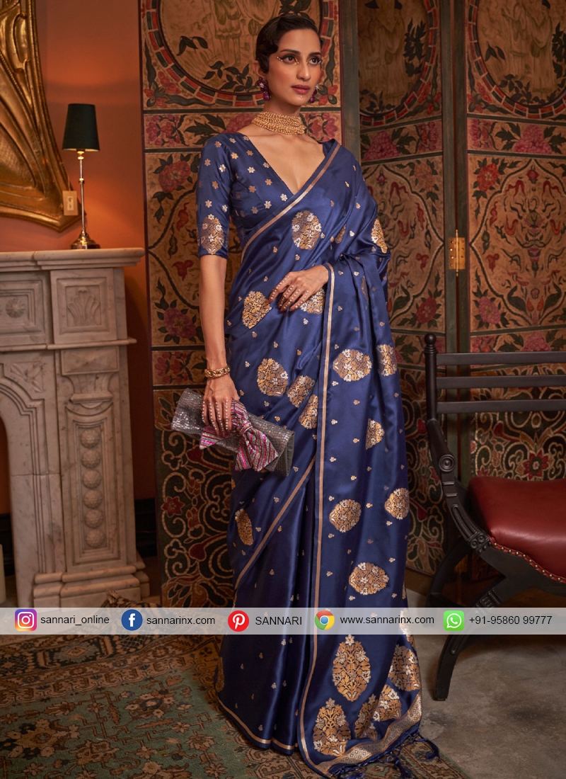 Superb Satin Navy Blue Weaving Trendy Saree