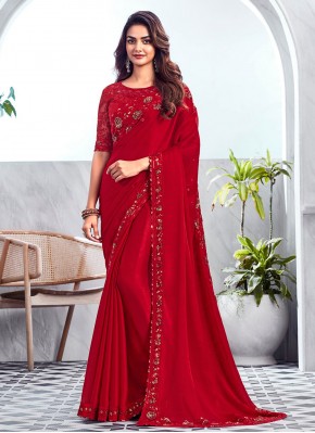 Swanky Embroidered Red Chiffon Classic Designer Sa