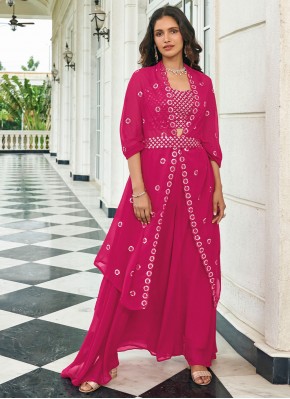 Swanky Hot Pink Embroidered Faux Georgette Jacket Style Salwar Kameez