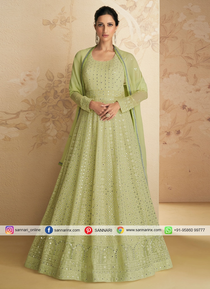 Tantalizing Georgette Embroidered Sea Green Floor Length Gown