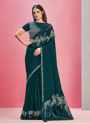 Teal Embroidered Contemporary Saree