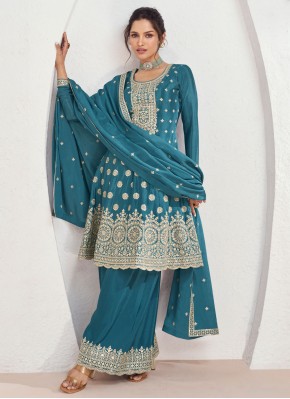 Teal Silk Embroidered Designer Salwar Suit