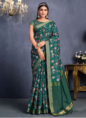 Teal Tussar Silk Embroidered Contemporary Saree