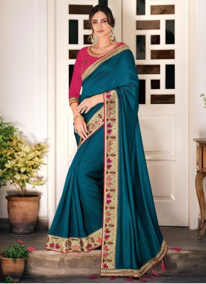 Teal Vichitra Silk Weaving Classic Designer Saree