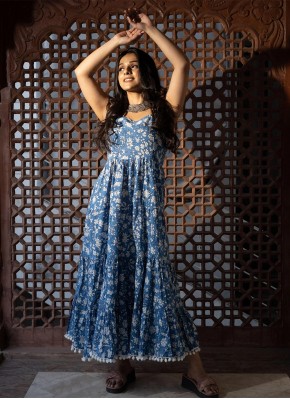 Tempting Blue Cotton Floor Length Gown