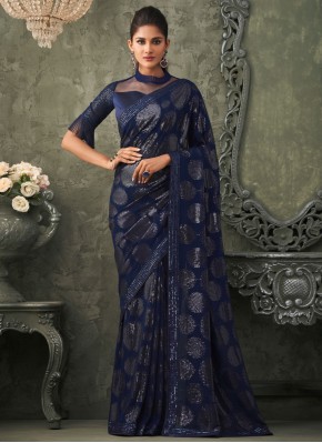Tempting Blue Embroidered Georgette Trendy Saree