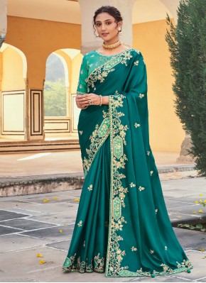 Tempting Organza Teal Embroidered Classic Saree