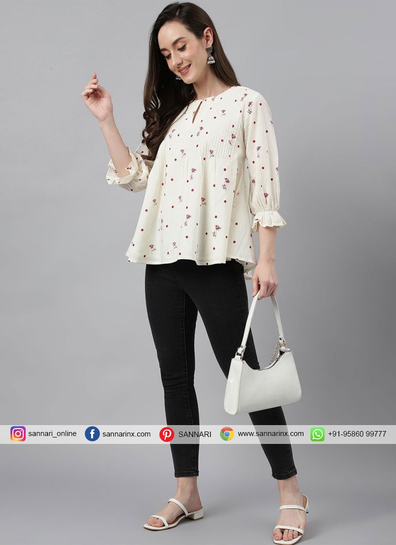 Titillating Floral Print Cotton Off White Party Wear Kurti