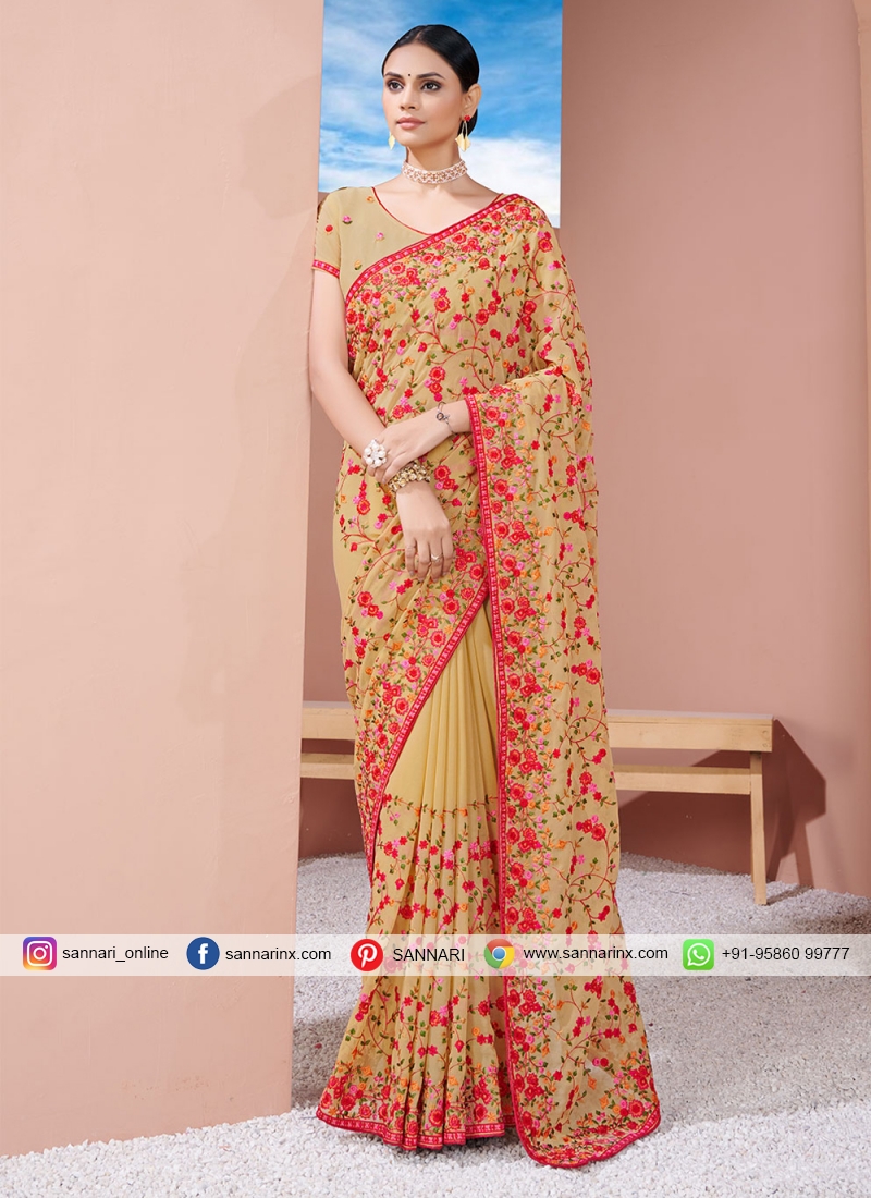 Traditional Saree Embroidered Georgette in Brown