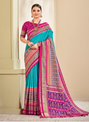 Traditional Saree Patola Print Silk in Turquoise