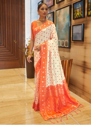 Traditional Saree Weaving Art Silk in Cream and Orange