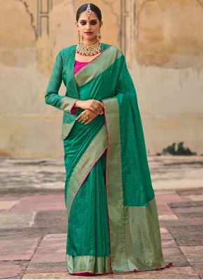 Traditional Saree Woven Jacquard Silk in Green