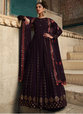 Trendy Gown Embroidered Georgette in Purple