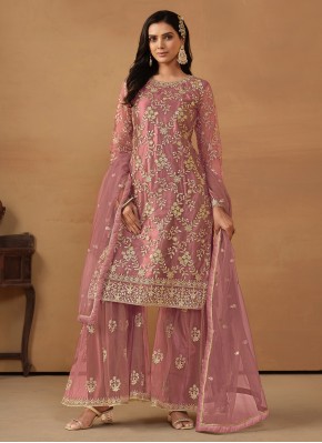 Trendy Salwar Suit Embroidered Net in Pink