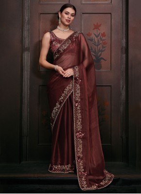 Trendy Saree Embroidered Satin in Brown