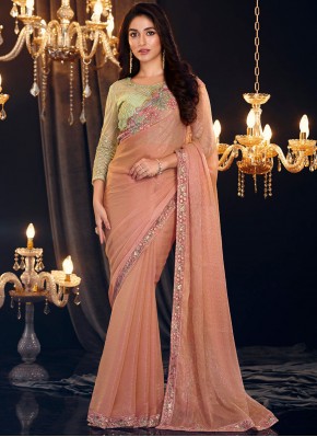 Trendy Saree Embroidered Shimmer Georgette in Peac