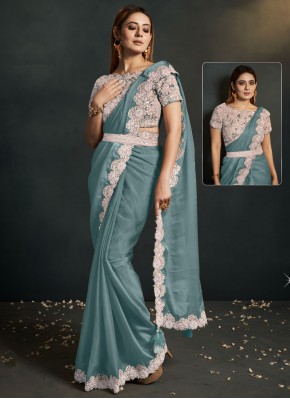 Trendy Saree Thread Work Organza in Turquoise