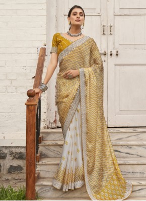 Trendy White and Yellow Printed Designer Saree