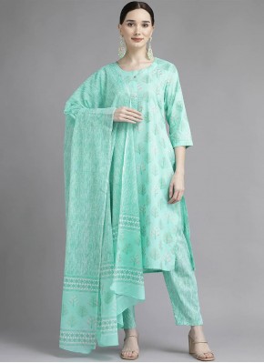 Turquoise Cotton Casual Trendy Salwar Suit