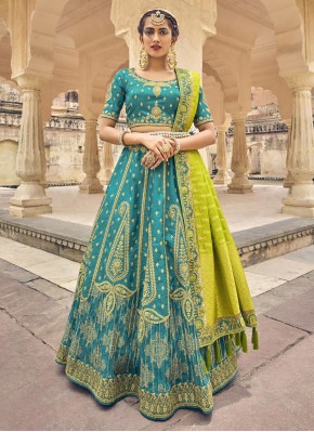 Turquoise Embroidered Banarasi Silk Designer Lehenga Choli