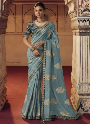 Turquoise Embroidered Engagement Classic Saree