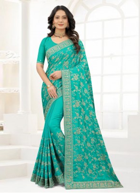 Turquoise Embroidered Satin Silk Traditional Saree