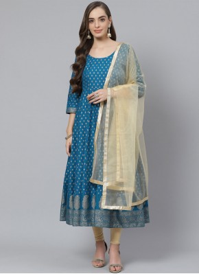 Turquoise Printed Cotton Readymade Salwar Suit