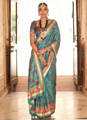 Turquoise Silk Woven Saree