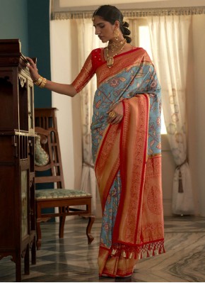 Tussar Silk Contemporary Saree in Blue and Red