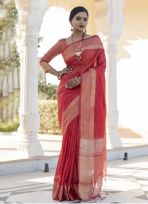 Tussar Silk Red Weaving Designer Traditional Saree