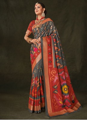 Urbane Foil Print Grey and Red Silk Contemporary Style Saree