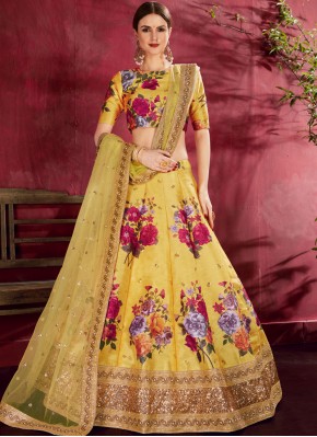Versatile Yellow Embroidered Banglori Silk A Line Lehenga Choli