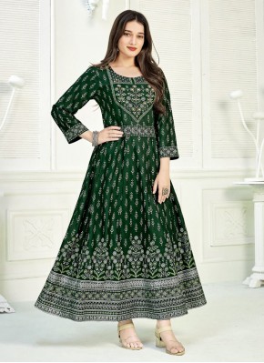 Vibrant Foil Print Green Readymade Gown