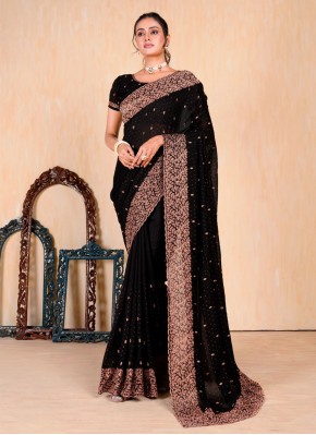 Vichitra Silk Embroidered Designer Saree in Black