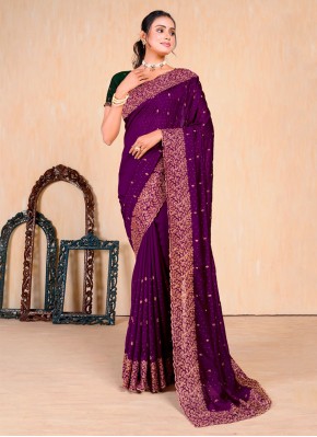 Vichitra Silk Embroidered Purple Trendy Saree