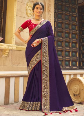 Vichitra Silk Embroidered Trendy Saree in Purple