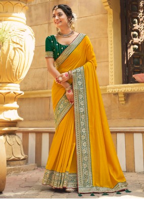 Vichitra Silk Embroidered Yellow Classic Saree