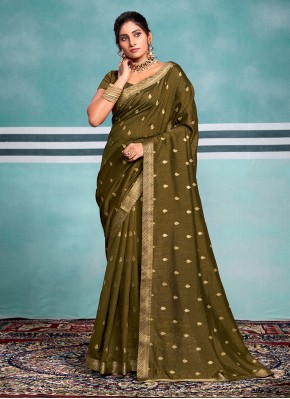 Vichitra Silk Foil Print Green Traditional Saree