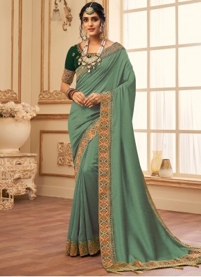 Vichitra Silk Patch Border Green Designer Traditional Saree