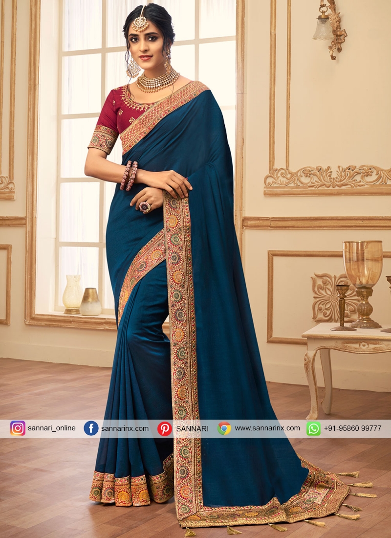 Vichitra Silk Patch Border Traditional Saree in Blue