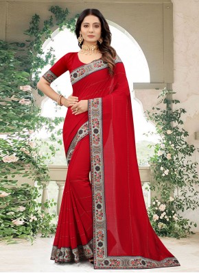 Vichitra Silk Swarovski Classic Designer Saree in Red