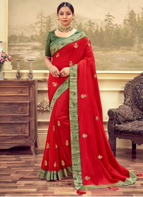 Vichitra Silk Traditional Designer Saree in Red