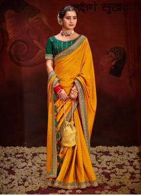 Vichitra Silk Yellow Designer Saree