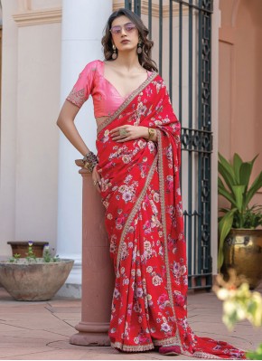 Viscose Floral Print Trendy Saree in Red