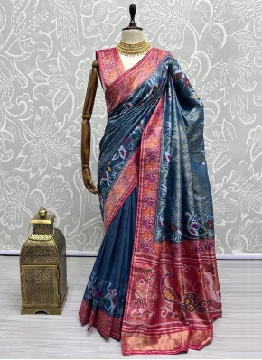 Vivid Blue Patola Silk  Classic Saree