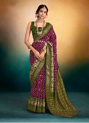 Vivid Tussar Silk Purple Printed Designer Saree